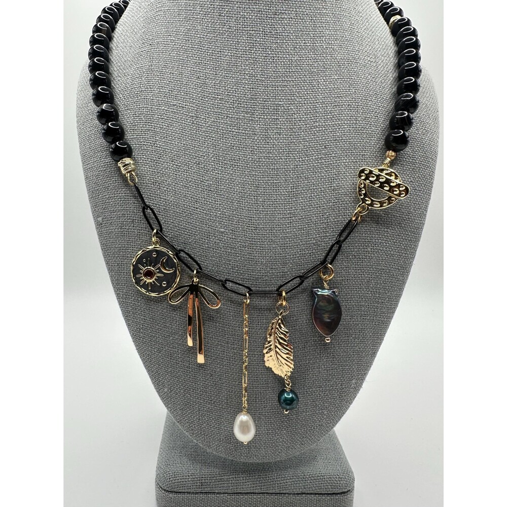 Black Agate Charm Choker, Celestial Pearl Pendant Necklace